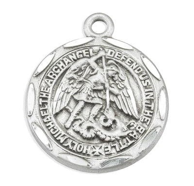 Saint Michael Round Sterling Silver Medal, 5/8", 18" Stainless Steel Curb Chain # 6511