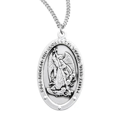 Saint Michael Sterling Silver Medal, 7/8", 20" Stainless Steel Curb Chain # 6524
