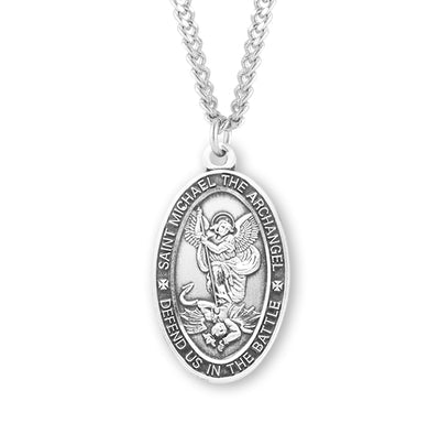 Saint Michael Oval Sterling Silver Medal,15/16", 24" Stainless Steel Curb Chain # 6499
