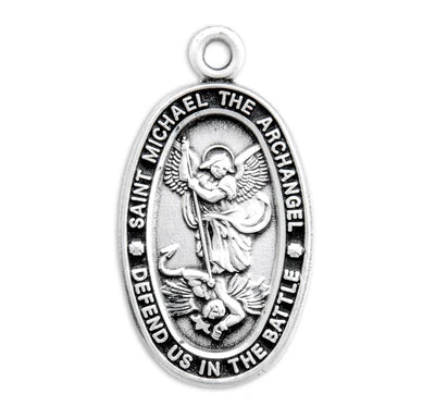 Saint Michael Oval Sterling Silver Medal,3/4", 18" Stainless Steel Curb Chain # 6500