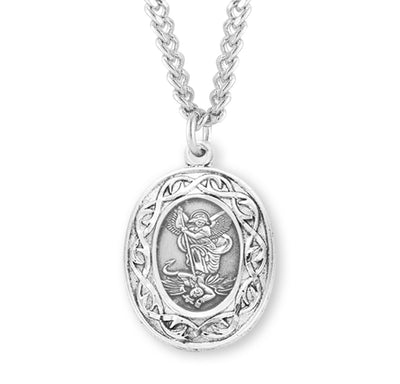 Saint Michael Sterling Silver Crown of Thorns Medal, 7/8", 24" Stainless Steel Curb Chain # 6541