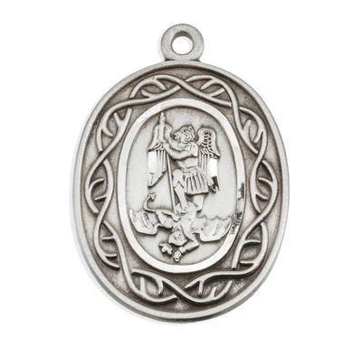 Saint Michael Sterling Silver Crown of Thorns Medal, 7/8", 24" Stainless Steel Curb Chain # 6541