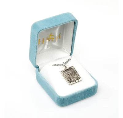 Saint Michael Rectangular Sterling Silver Medal, 13/16", 20" Stainless Steel Curb Chain # 6530