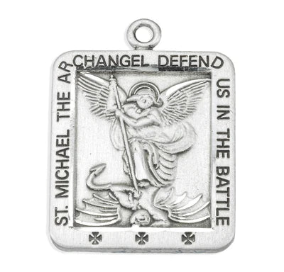 Saint Michael Rectangular Sterling Silver Medal, 13/16", 20" Stainless Steel Curb Chain # 6530