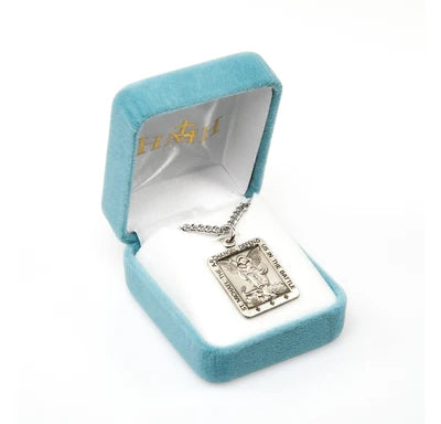 Saint Michael Rectangular Sterling Silver Medal, 7/8", 24" Stainless Steel Curb Chain # 6526