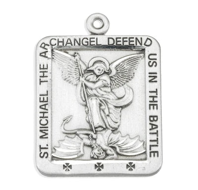 Saint Michael Rectangular Sterling Silver Medal, 7/8", 24" Stainless Steel Curb Chain # 6526