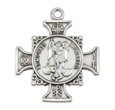 Saint Michael Sterling Silver Cross Medal, 13/16", 18" Stainless Steel Curb Chain # 6575
