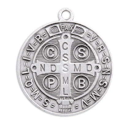 Sterling Silver St. Benedict Medal, 1-1/8" overall, 24" Stainless Steel Curb Chain, # 29484