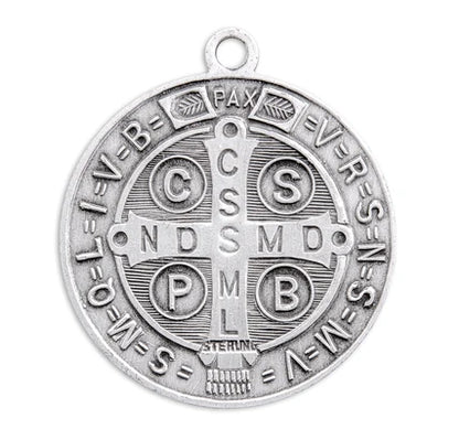Sterling Silver St. Benedict Medal, 1-1/8" overall, 24" Stainless Steel Curb Chain, # 29484