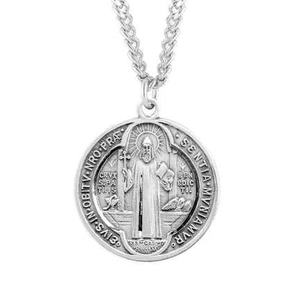 Sterling Silver St. Benedict Medal, 1-1/8" overall, 24" Stainless Steel Curb Chain, # 29484