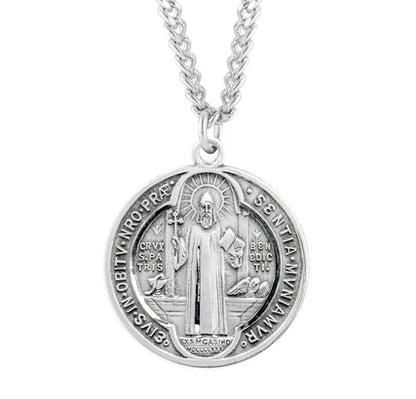Sterling Silver St. Benedict Medal, 1-1/8" overall, 24" Stainless Steel Curb Chain, # 29484
