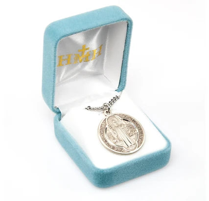 Sterling Silver St. Benedict Medal, 1-1/8" overall, 24" Stainless Steel Curb Chain, # 29484