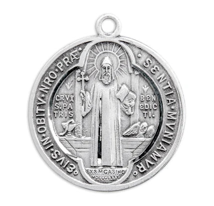 Sterling Silver St. Benedict Medal, 1-1/8" overall, 24" Stainless Steel Curb Chain, # 29484