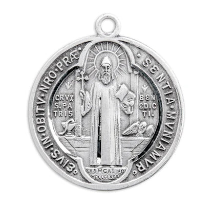 Sterling Silver St. Benedict Medal, 1-1/8" overall, 24" Stainless Steel Curb Chain, # 29484