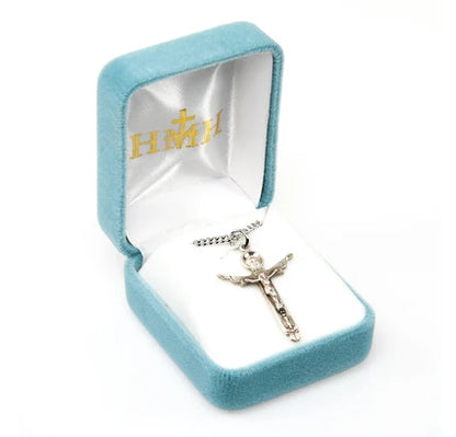 Sterling Silver Trinity Crucifix, 1-1/4" overall, 18" Stainless Steel Curb Chain, # 27305