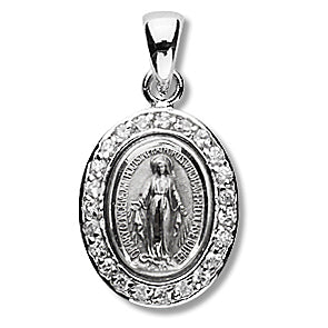 Oval Sterling Miraculous Medal, 5/8", Crystal Border, Your choice of chain, #96996
