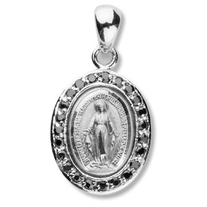 Oval Sterling Miraculous Medal, 5/8", Jet Black Crystal Border, Your choice of chain, # 96999