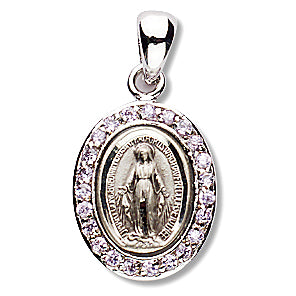 Oval Sterling Miraculous Medal, 5/8", Pink Crystal Border, Your choice of chain, # 96997