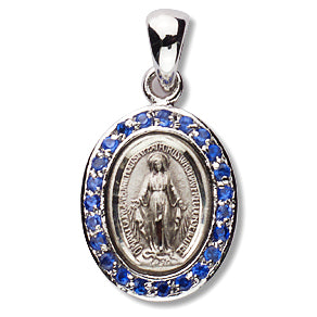 Oval Sterling Miraculous Medal, 5/8", Sapphire Crystal Border, Your choice of chain, #96998