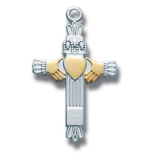 Gold & Sterling Claddagh cross, 7/8", Your choice of chain, # 27187
