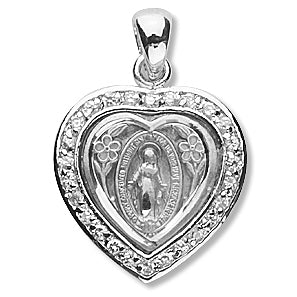 Heart shaped Sterling Miraculous Medal, 11/16", Crystal Border, Your choice of chain, #, 27222