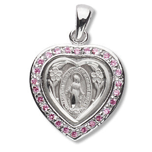Heart shaped Sterling Miraculous Medal, 11/16", Pink Crystal Border, Your choice of chain, # 27271