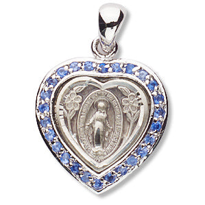 Heart shaped Sterling Miraculous Medal, 11/16", Sapphire Crystal Border, Your choice of chain, # 96995