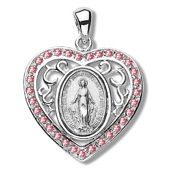 Heart shaped Sterling Miraculous Medal, 13/16", Pink Crystal Border, Your choice of chain, # 96993
