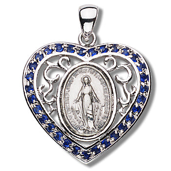 Heart shaped Sterling Miraculous Medal, 13/16", Sapphire Crystal Border, Your choice of chain, # 96994