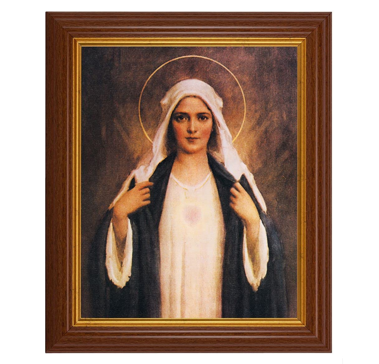 Chambers: Immaculate Heart of Mary, 10.5"x12.5" Walnut Finished Fluted Frame, Gold Beaded Lip, Italian Print # 26992