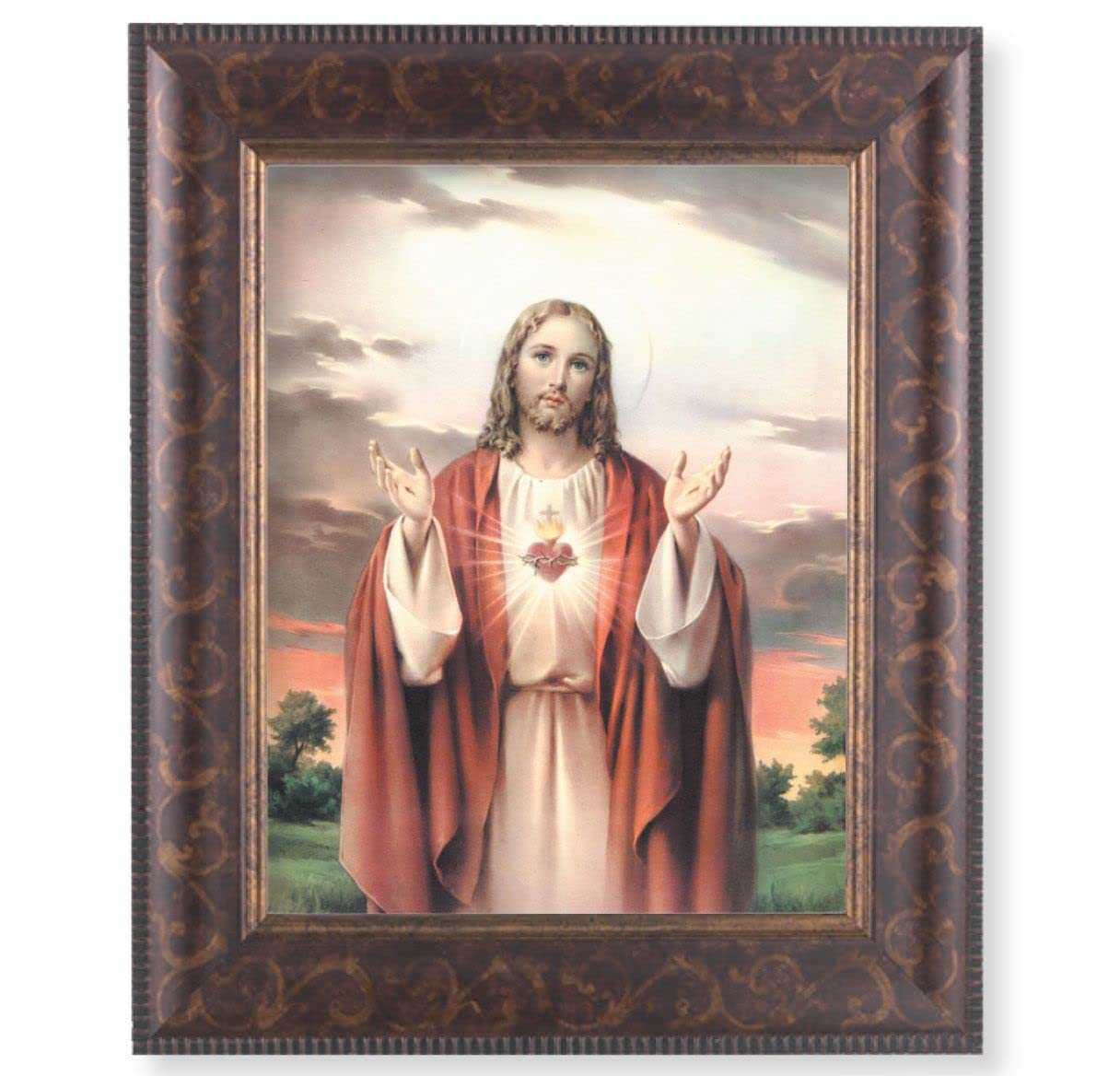 Sacred Heart of Jesus Picture, 11-1/4"x13-1/4, Antique Gold & Espresso Frame, Italian Print Under Glass # 25784