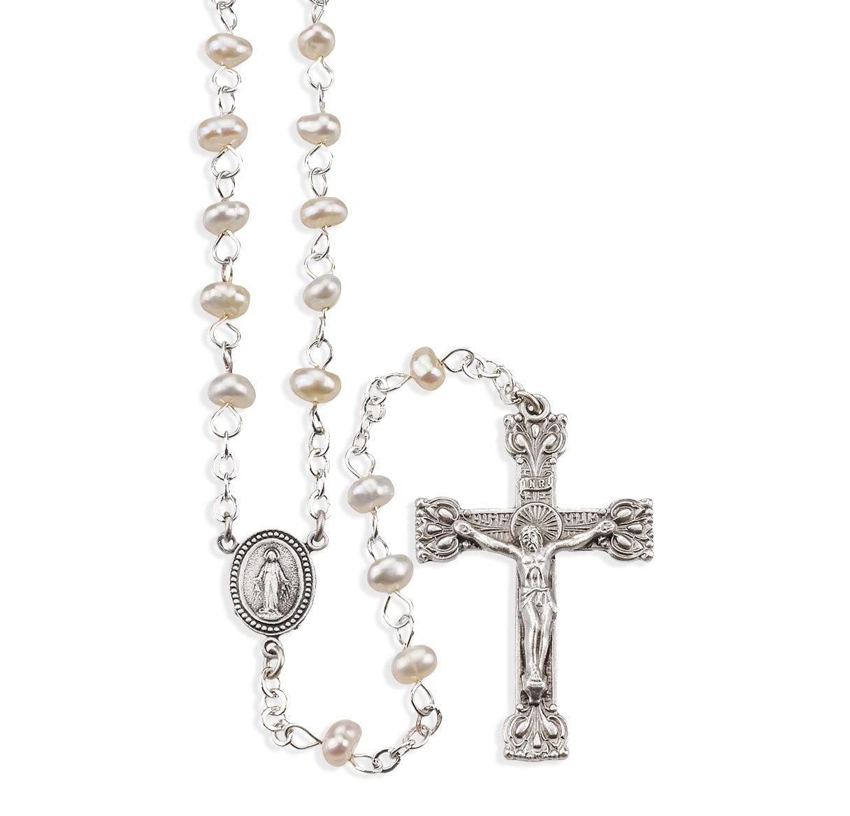 4mm White Genuine Fresh Water Pearl Round Bead Rosary with Deluxe Crucifix and Center. 17 1/2"., # 6436