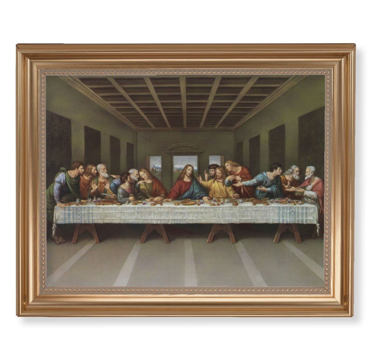 Davinci Last Supper Picture, 13-1/2"x16-9/16 Gold-Leaf Fluted Frame with Beaded Lip, Textured Italian Print # 25333