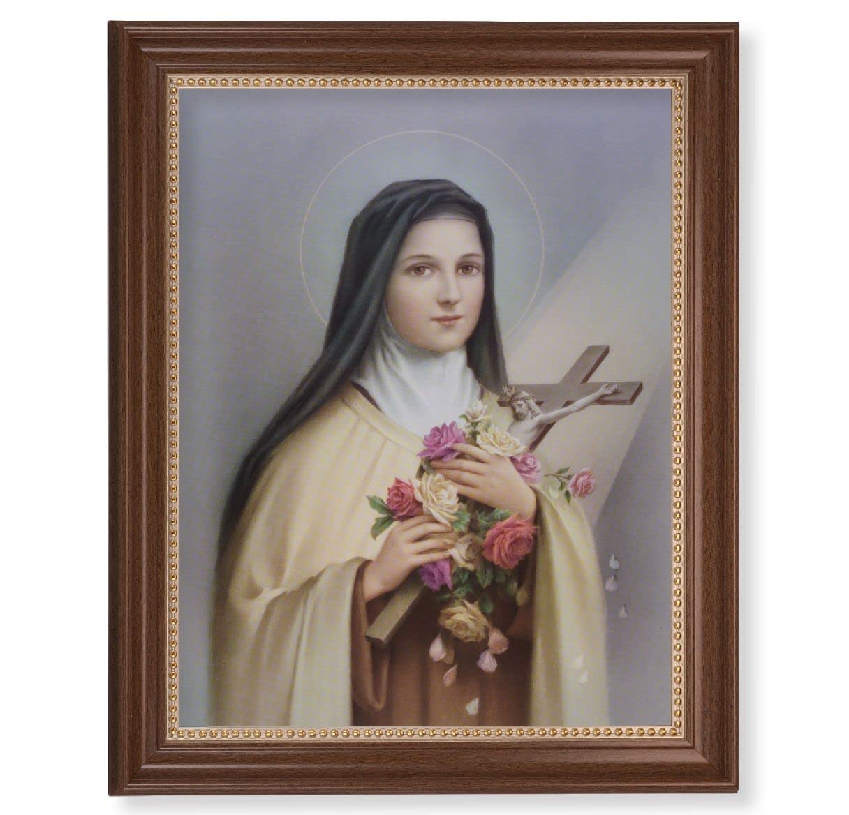 Saint Therese of Lisieux Picture, 13-1/2"x16-9/16 Walnut Finish Frame with Gold Beaded Lip, Textured Italian Print # 22350