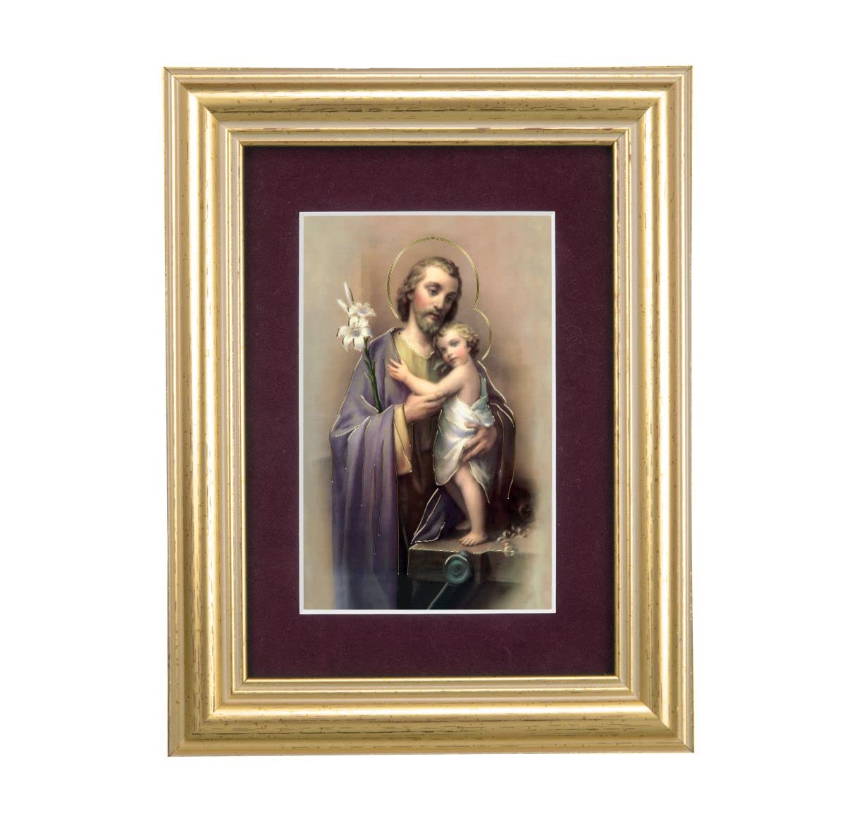 St. Joseph & Child Jesus Picture, 5"x6.5" Antique Gold Fluted Frame, Behind Maroon Velvet Matting # 28314