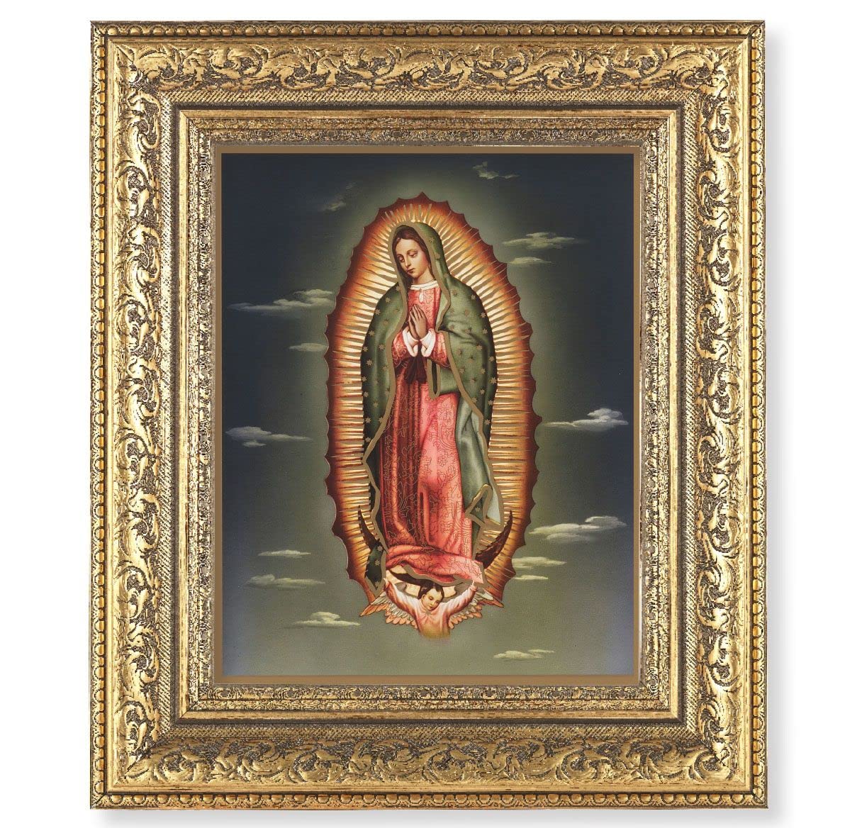 Our Lady of Guadalupe Picture, 12-1/2"x14-1/2, Antique Gold Leaf Carvings Ornate Frame, Italian Print Under Glass # 25508