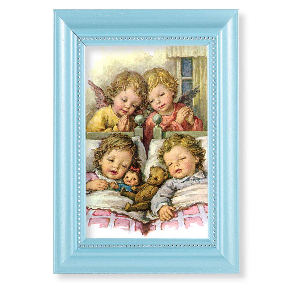 Guardian Angels with Twins Picture, Pearlized Blue 5-1/2"x7 Frame, Beaded Lip, Under Glass # 28060