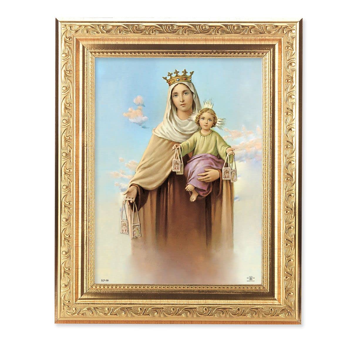 Our Lady of Mount Carmel Picture, 8-1/4"x10-1/4 Gold-Leaf Finish Acanthus Leaf Detail Under Glass # 27704