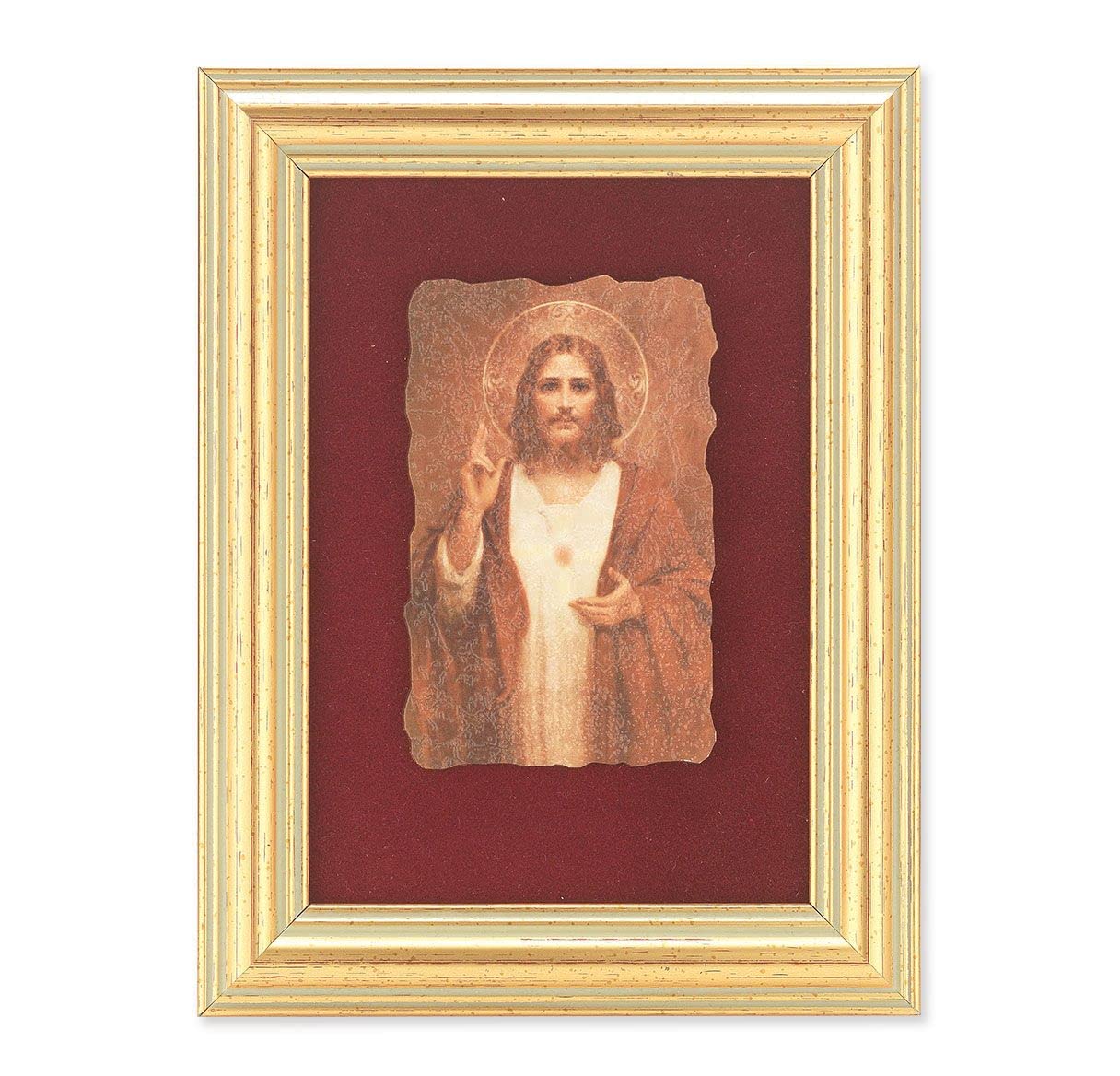Chambers: Sacred Heart of Jesus Picture, Antique Gold 5" x6-1/2 Frame, Image Centered On Burgundy Velvet Matting # 28123