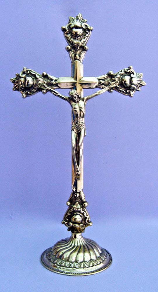 A beautiful Shiny Brass Standing Crucifix, Round Base, 14-1/2" tall, Made in Italy., 97498