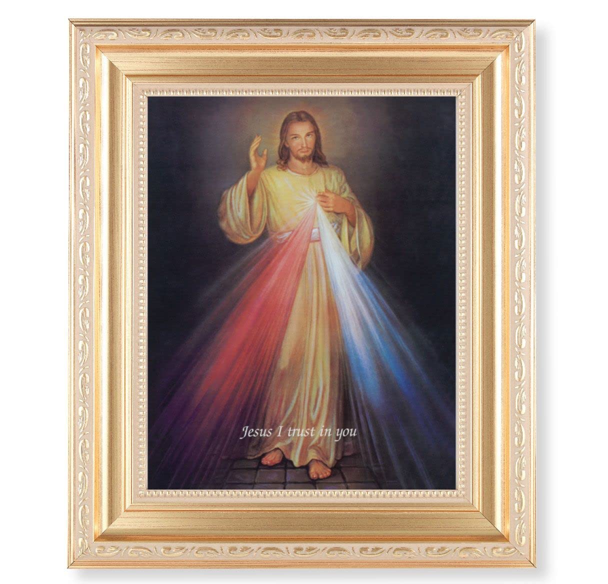 Divine Mercy, 11.5"x13.5" Satin Gold Frame, Distressed Finish with Scrollwork, Italian Print Under Glass # 26394