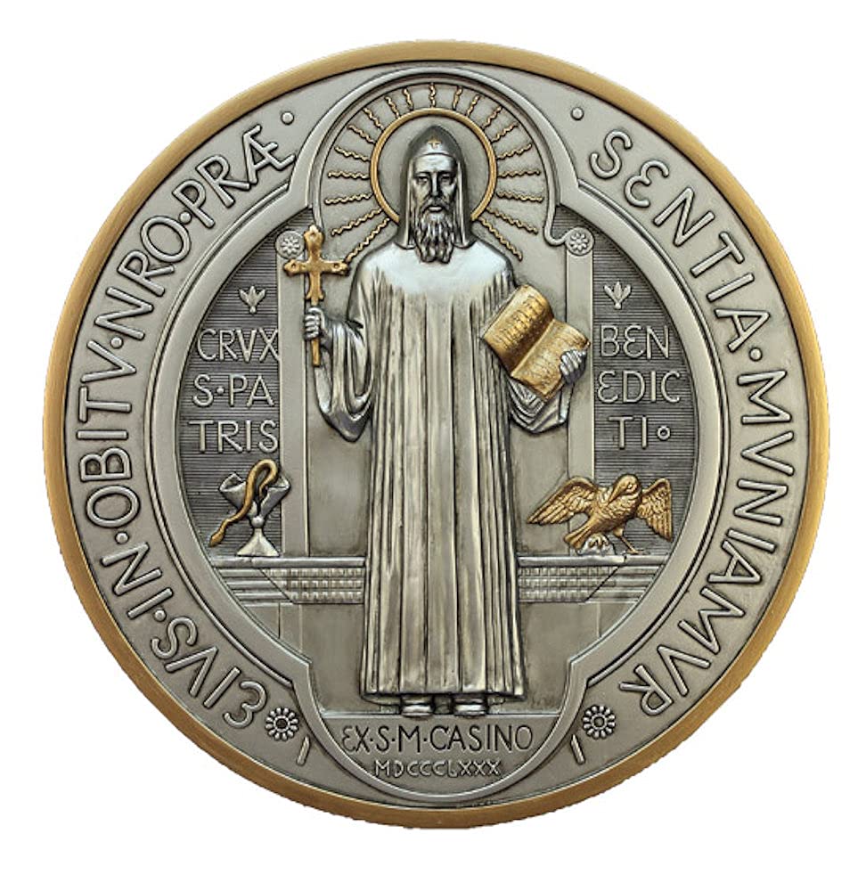 St. Benedict Wall Medal, 7" Dia, Pewter Finished Veronese Resin, # 21119