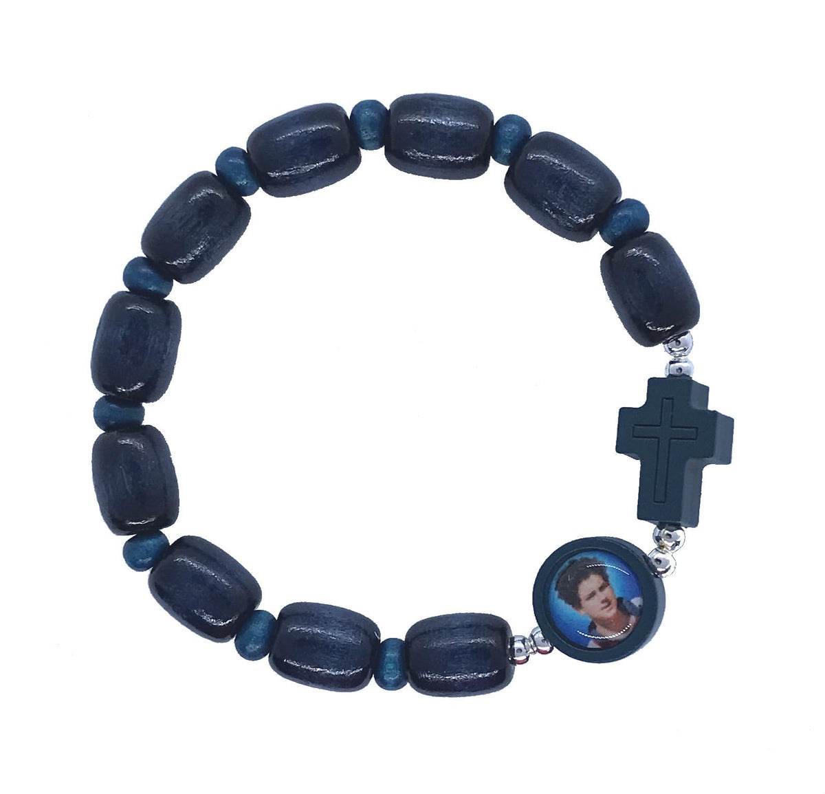 Carlo Acutis Stretch Rosary Bracelet, 10mm Blue Wood Beads, Photo Bead & Cross, 2-Count Value Pack # 2868