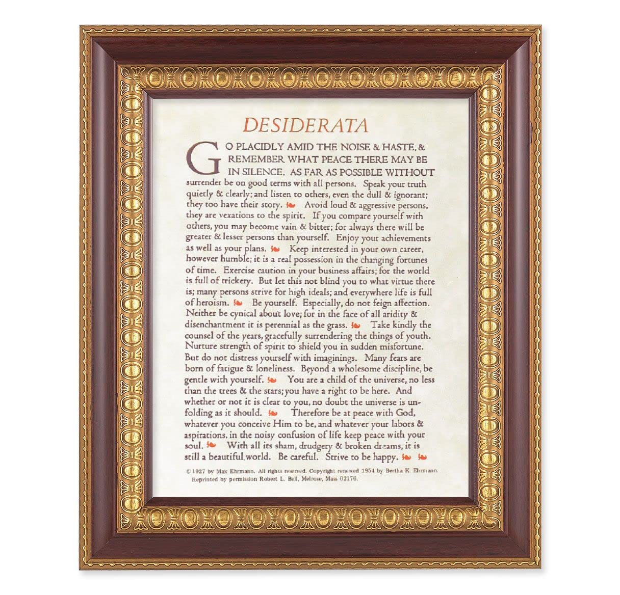 Desiderata Go Placidly Prayer, 11-1/2"x13-1/2, Cherry Finish with Gold Egg & Dart Frame, Italian Print Under Glass # 26100
