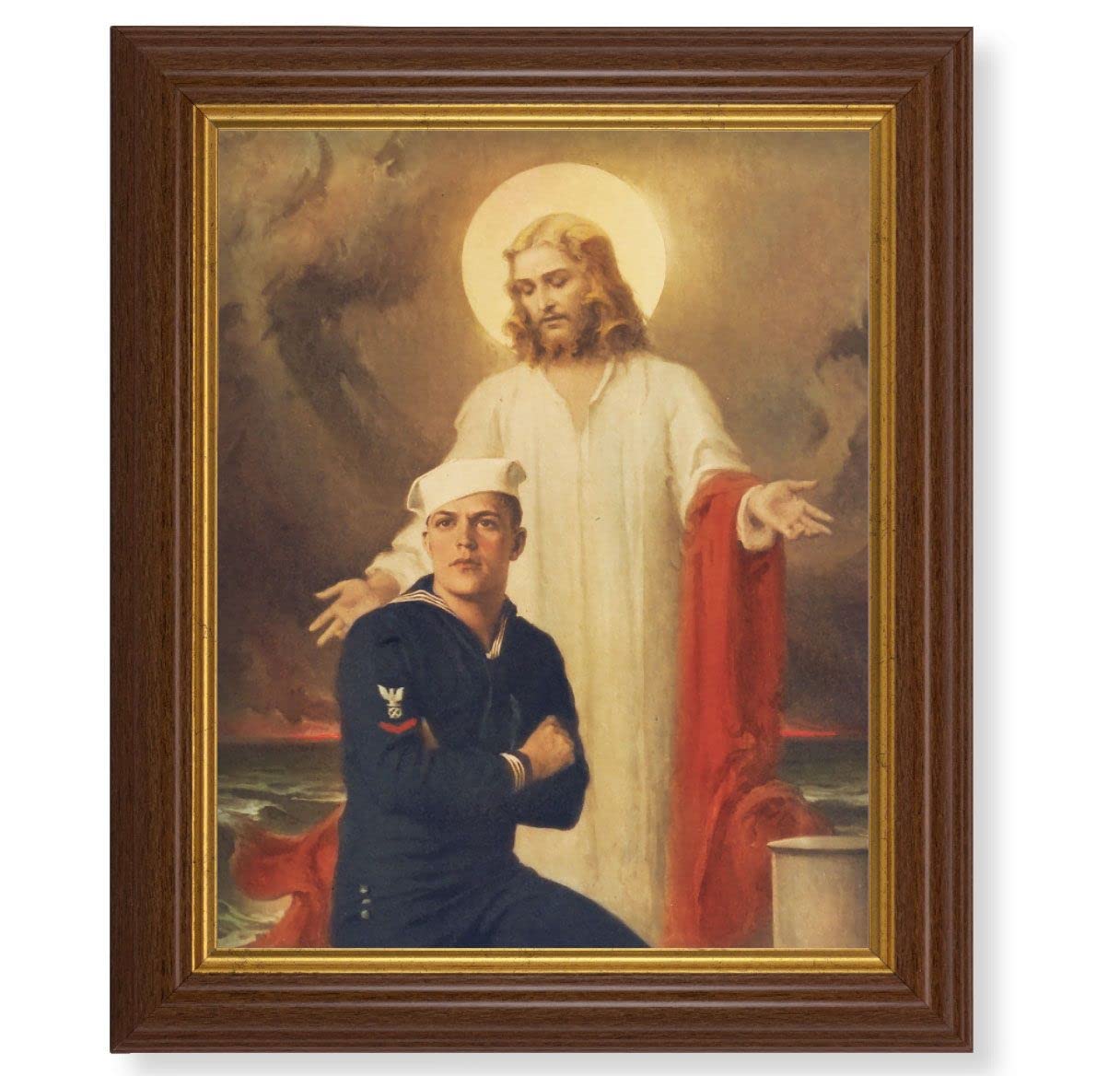 Chambers: Jesus Christ with Sailor, 10.5"x12.5" Walnut Finished Fluted Frame, Gold Beaded Lip, Italian Print # 27092