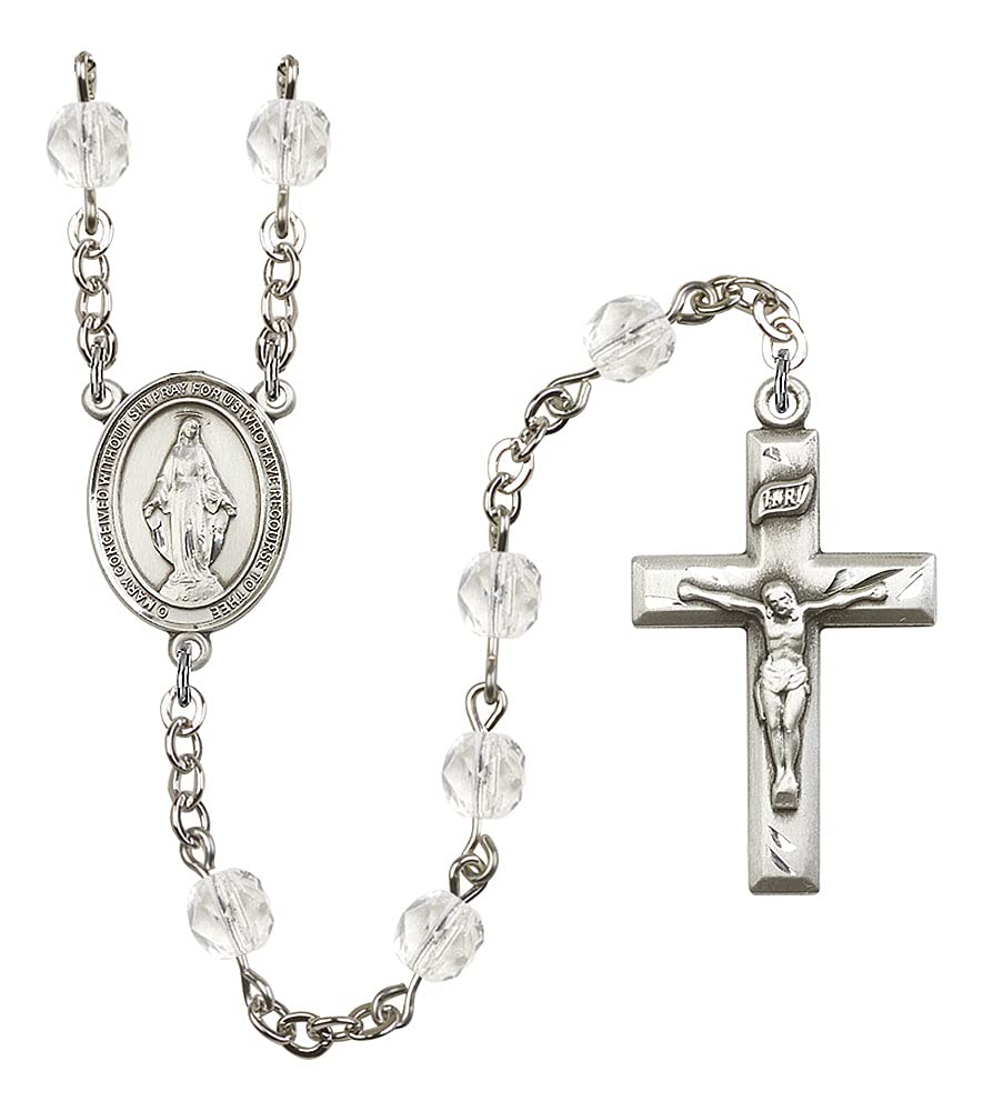 Miraculous Medal Rosary, 6mm Fire Polished Crystal Beads, Silver Plate, # 16406