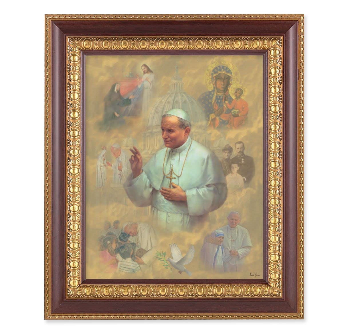 St. John Paul II Collage, 11-1/2"x13-1/2, Cherry Finish with Gold Egg & Dart Frame, Italian Print Under Glass # 26091
