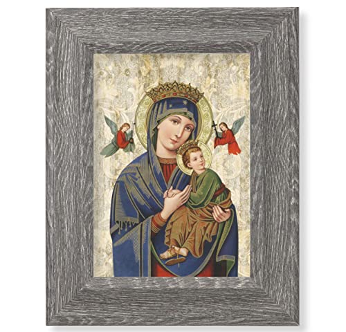 Our Lady of Perpetual Help Print on Wood, 7-1/2"x9-1/2 Dark Gray Weathered Frame, Italian # 28045