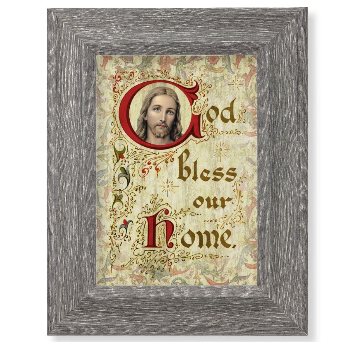 God Bless Our Home Print on Wood, 7-1/2"x9-1/2 Dark Gray Weathered Frame, Italian # 28052