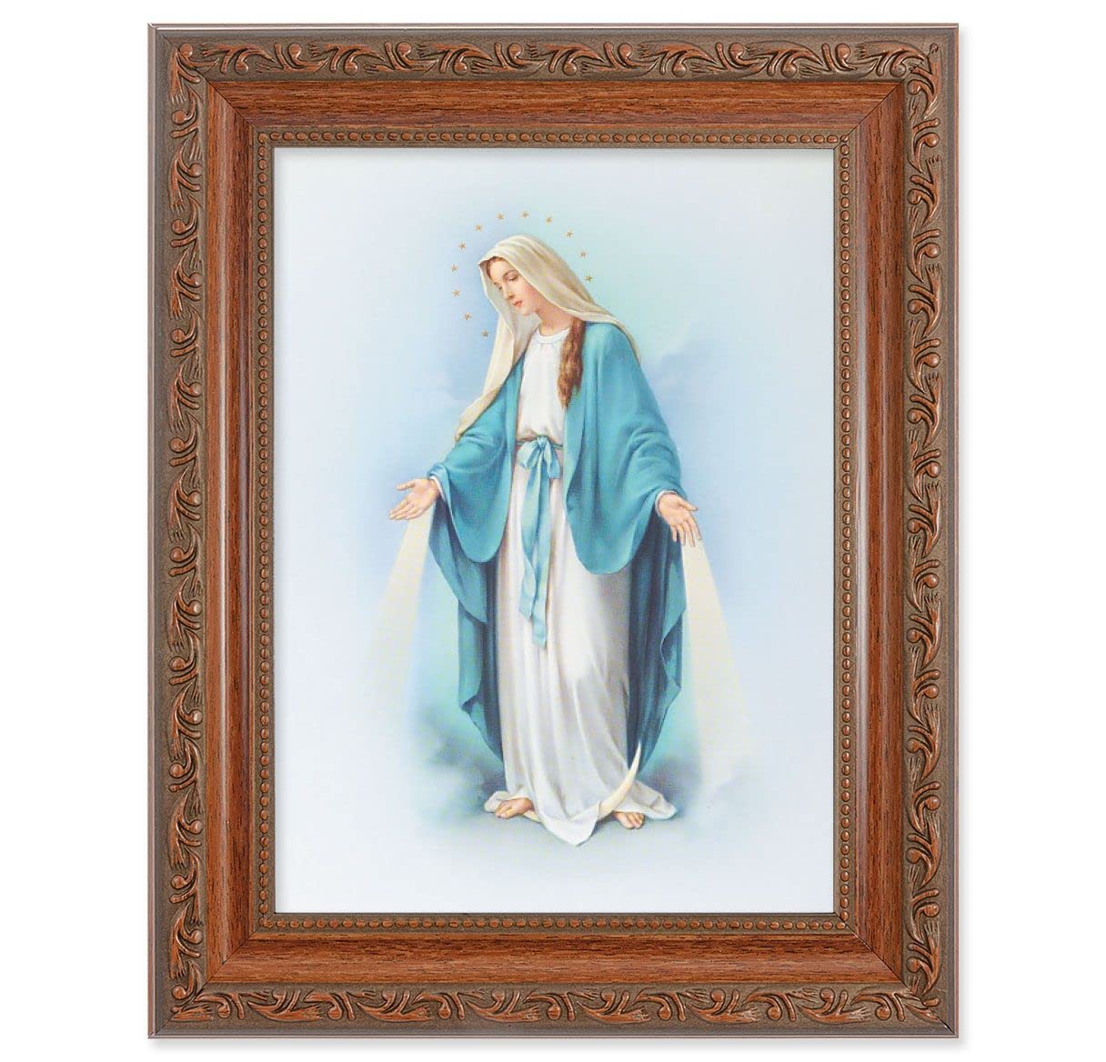 Our Lady of Grace Picture, 8-1/4"x10-1/4 Mahogany Finish with Acanthus Leaf Detail Under Glass # 27802